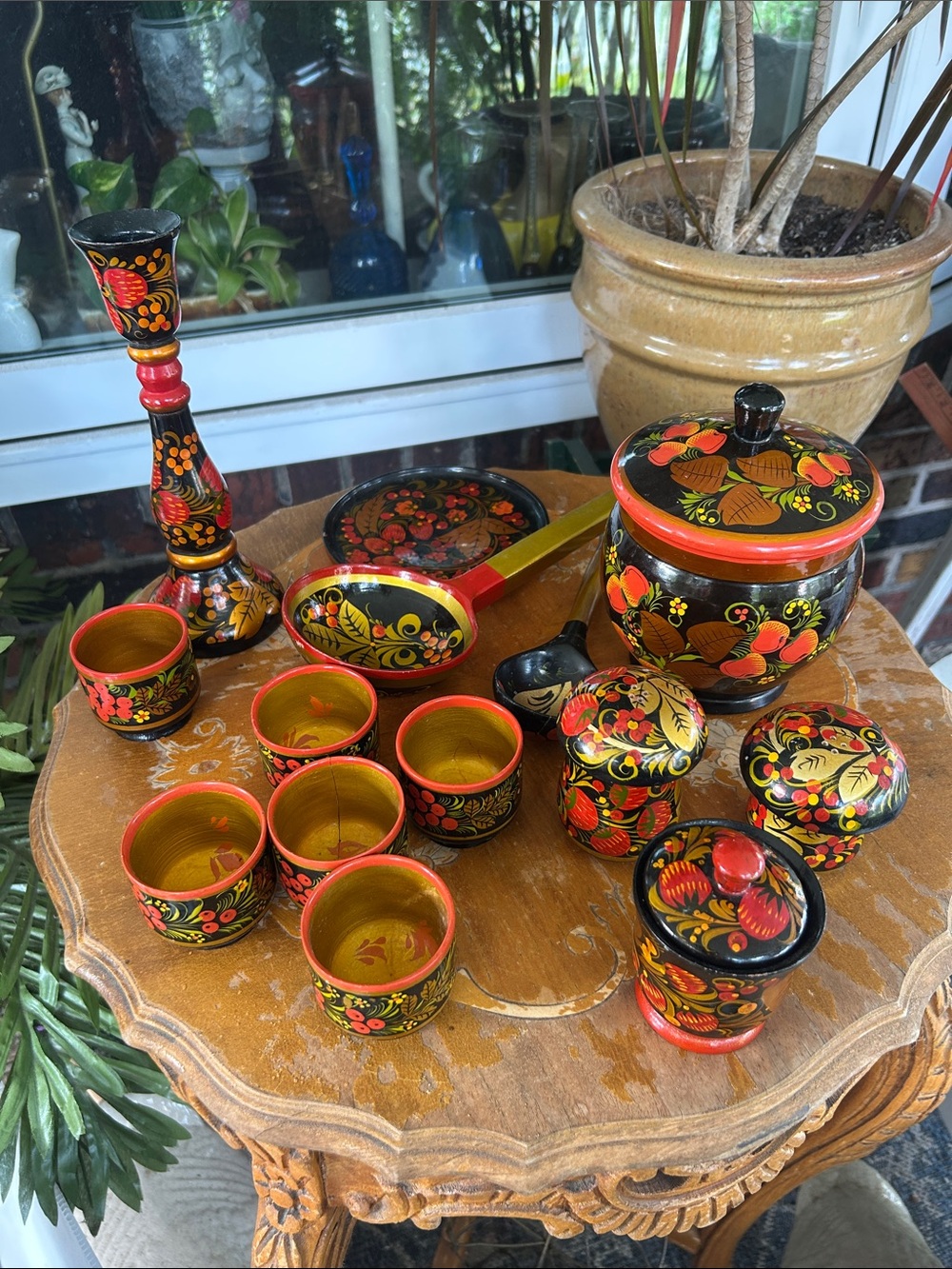 Vintage Black, Red and Gold Hand-Painted Floral Canister Set
